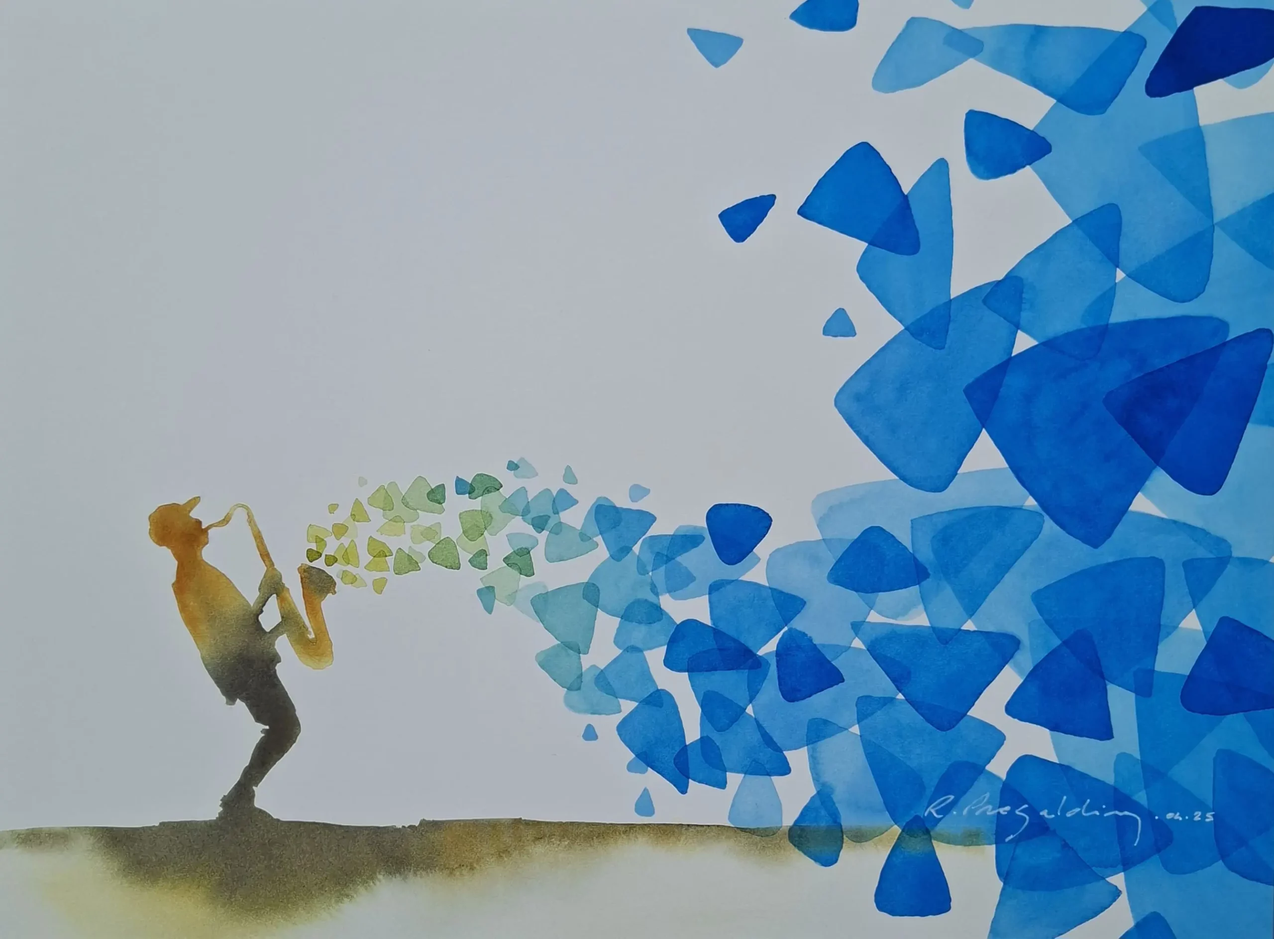 Aquarelle originale de Renaud Prégaldiny. Un musicien saxophoniste en silhouette, joue une mélodie bleue symbolisée par des taches colorées s'envolant dans le ciel.